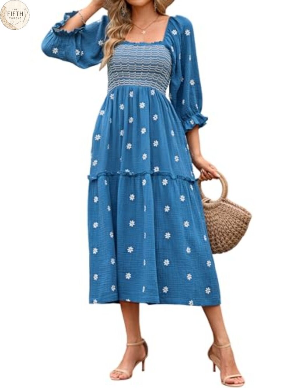 Cotton Floral Embroidered Boho Midi Dress Puff Sleeve Pockets